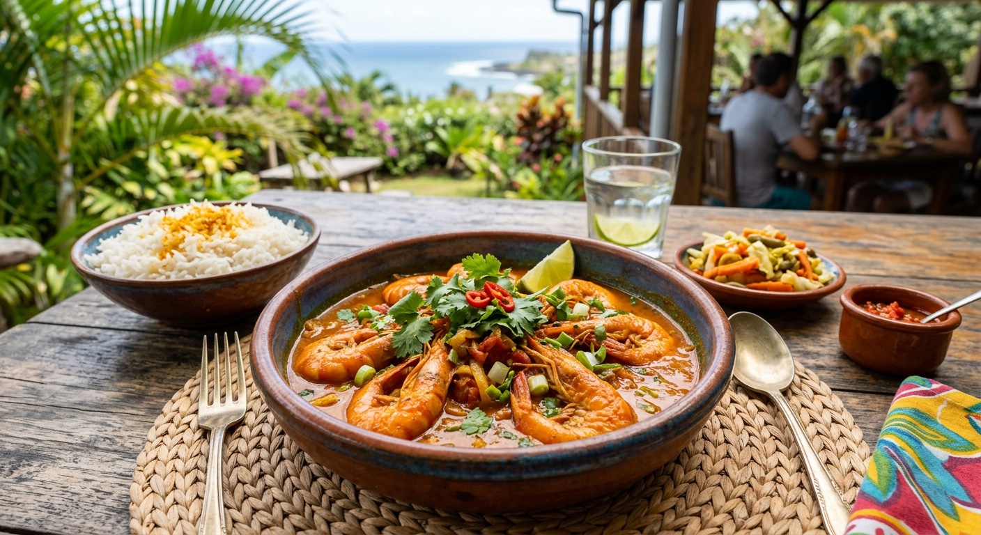 Plat créole appétissant carry crevettes pour site internet restaurant La Réunion
